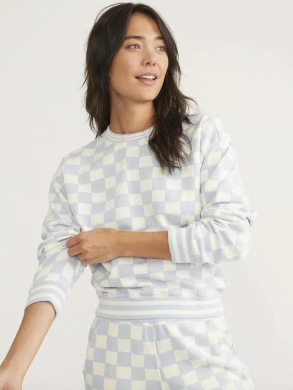 Marine Layer Anytime Blue Checkered Cotton Blend Sweatshirt - Size - Medium - Picture 2 of 8
